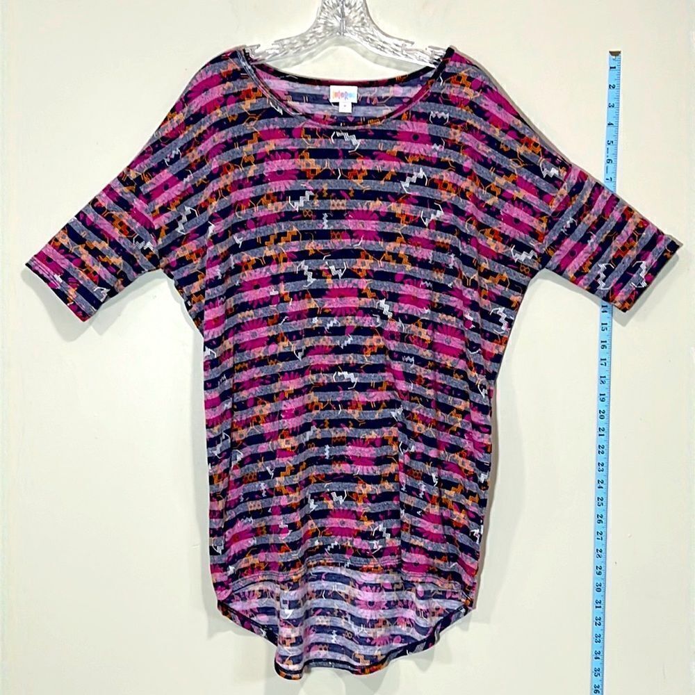 LuLaRoe Purple Striped Floral Short Sleeve Shirt. Size Medium.